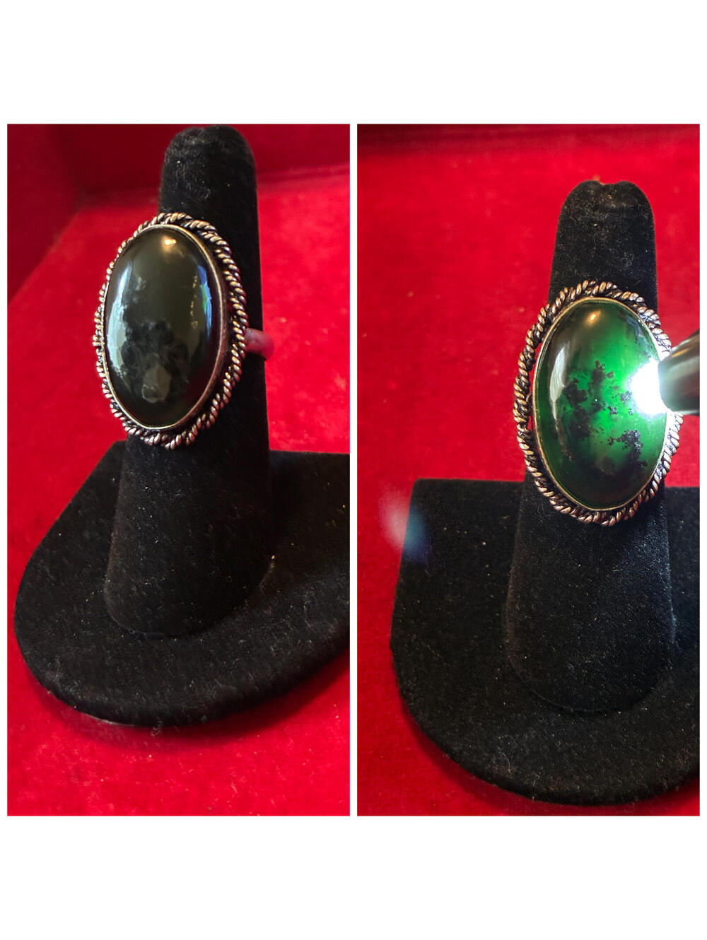 Vintage Southwestern Black Jade Silver Tone Oval Cabochon Twisted Rope Bezel